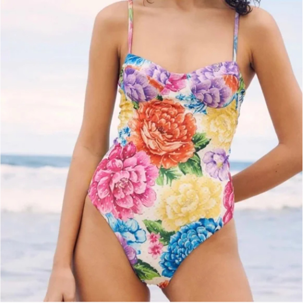 Farm Rio Rainbow Chita One Piece Swimsuit Floral Sweetheart Cutout Back L